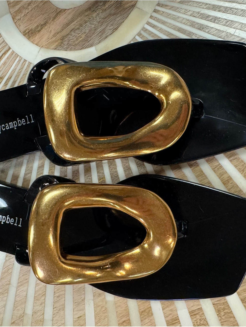 JEFFREYCAMPBELL Black Jelly Slide Sandals with Gold Buckle
